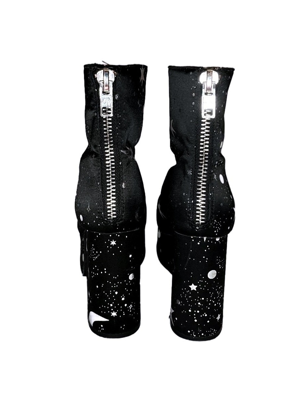 Dolls Kill Current Mood Black Platform Ankle Boots w/ Silver Stars and Moons 7 - Picture 4 of 6